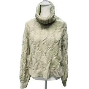 Hippe Rose Cropped Cable-Knit Turtleneck Long Sleeve Sweater Beige Size Large
